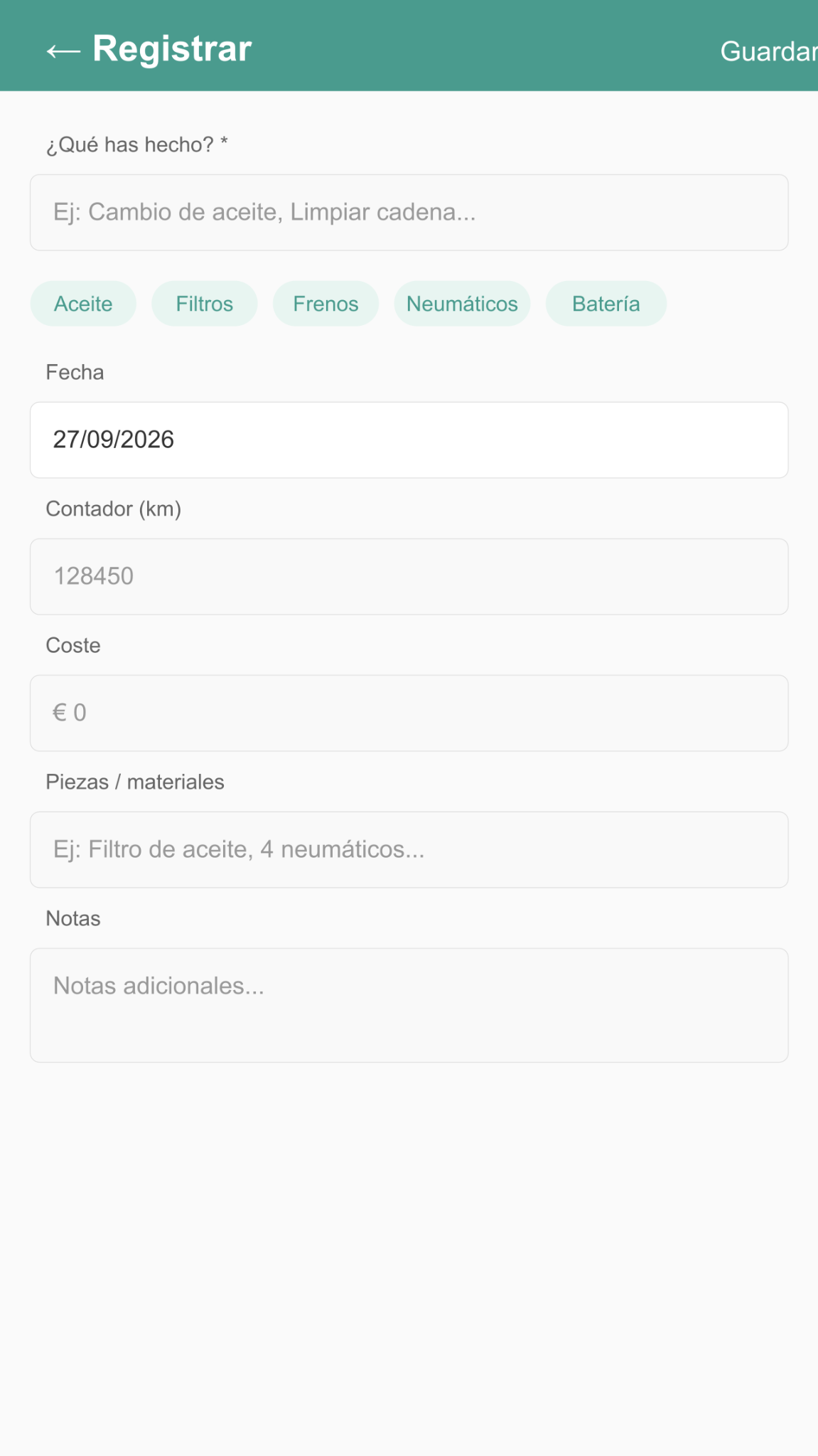 Pantalla para registrar un evento en Bitácora