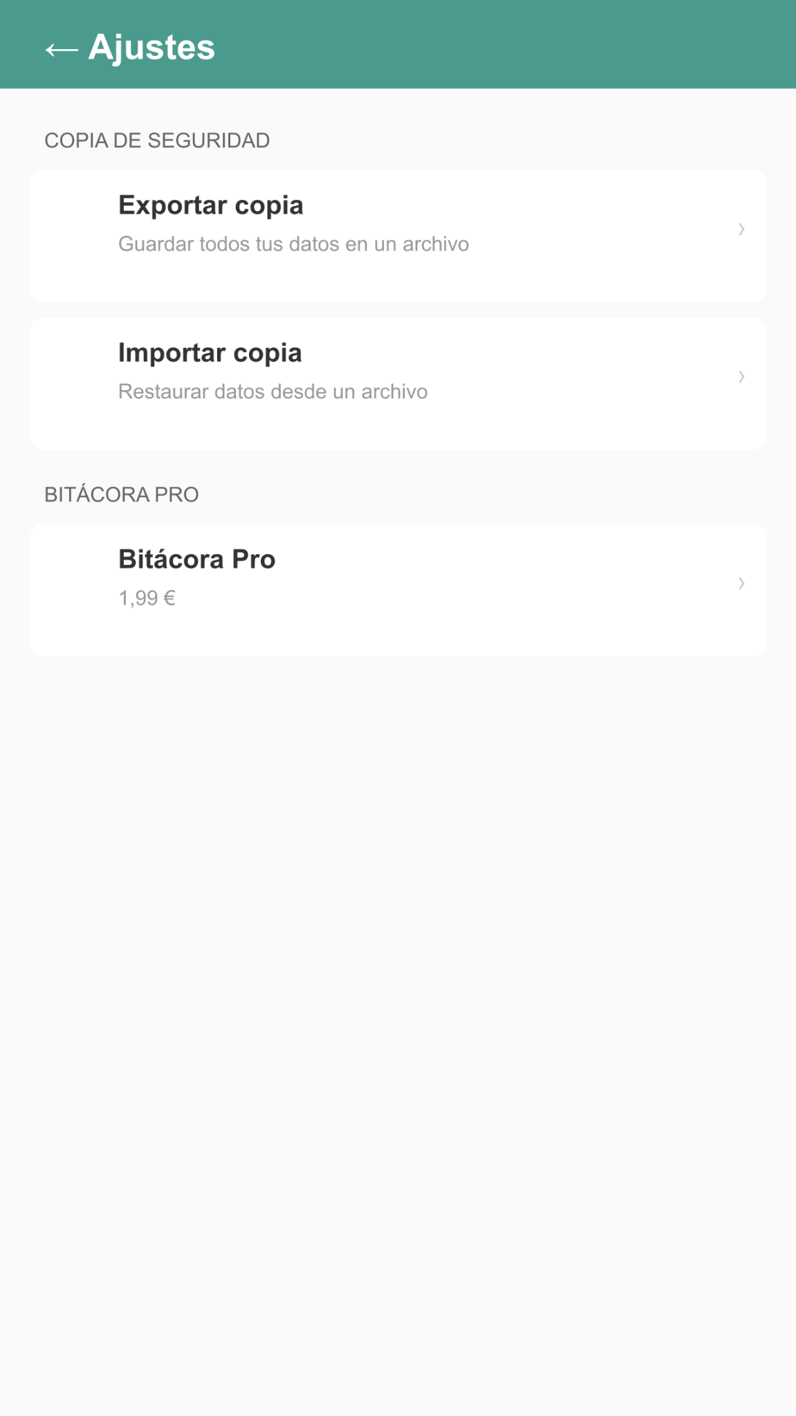 Pantalla de ajustes de Bitácora