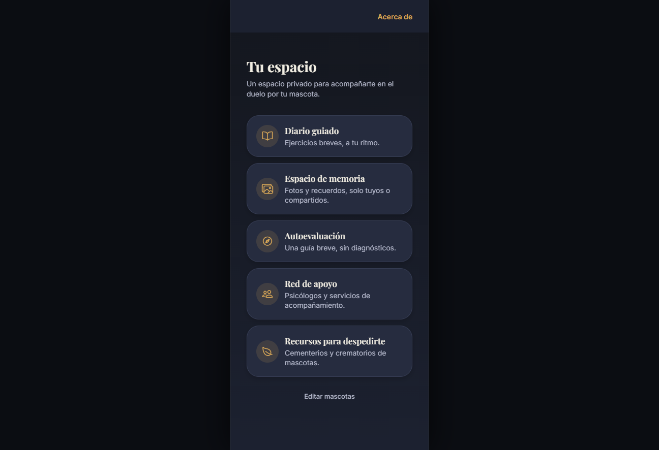 Pantalla principal de Memoria Viva con espacio de memoria y acompañamiento