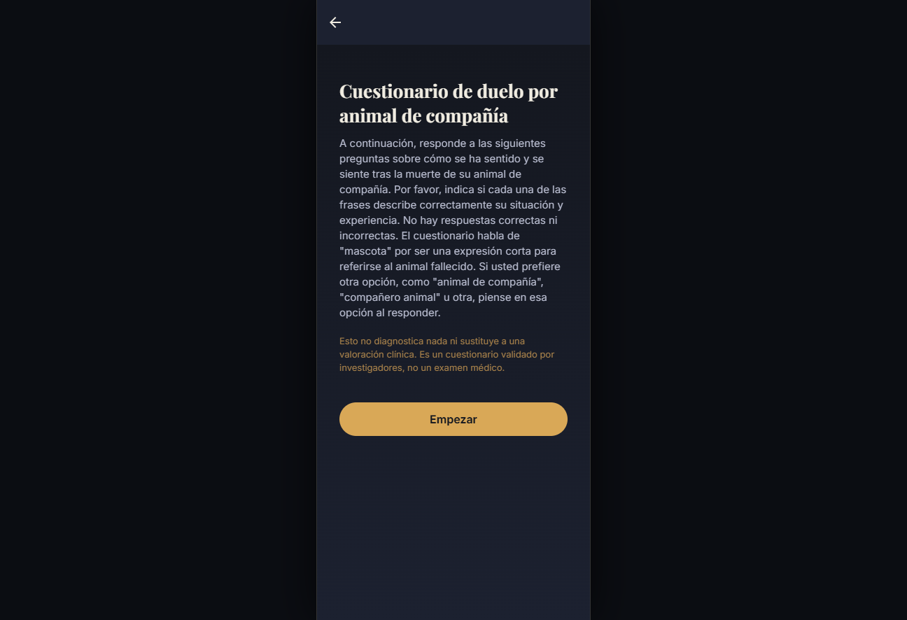 Inicio del cuestionario de duelo de Memoria Viva